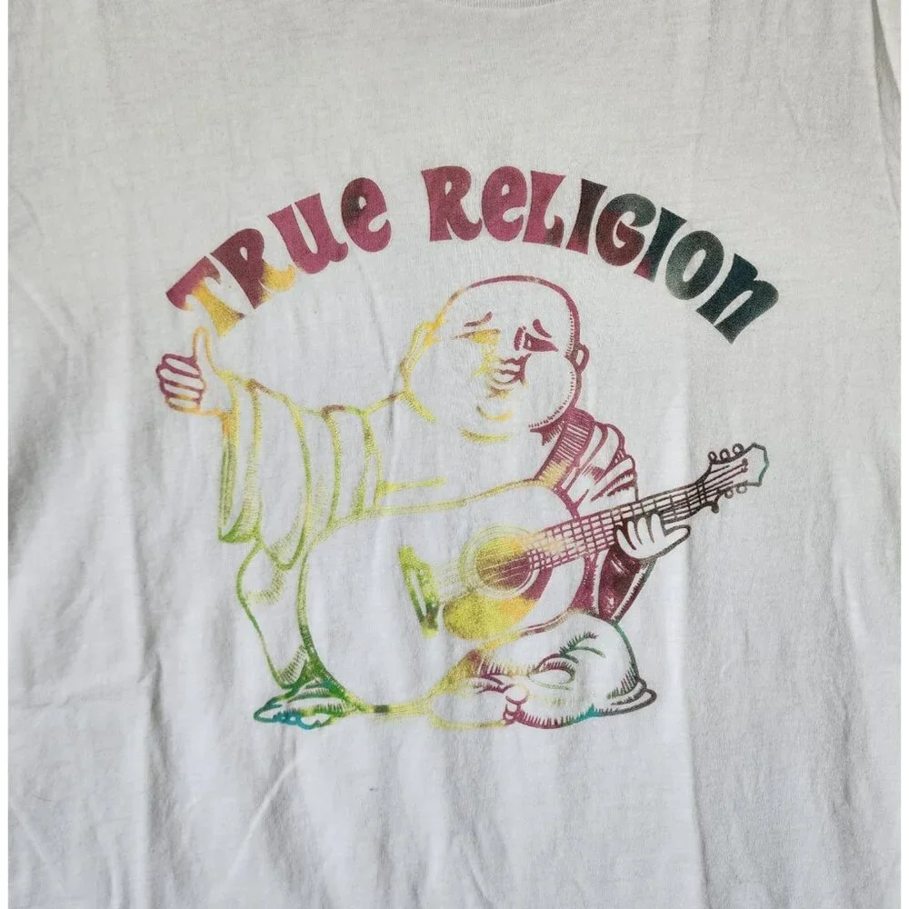 True Religion‎ White Tie Dye Print Rainbow Buddha Logo Tee T Shirt Size Large